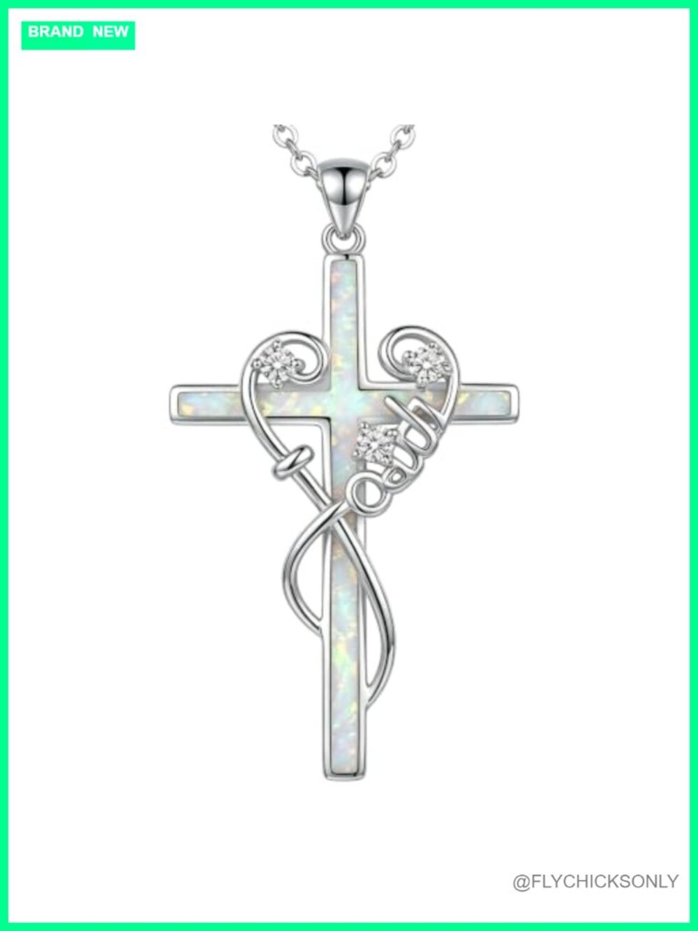 925 Sterling Silver Diamond Cross Necklace with Opal Pendant 18+2 In Adjustable